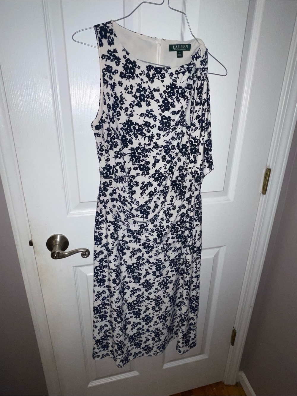 Lauren Ralph Lauren White One-Shoulder Navy Floral Dress